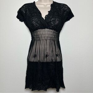 Women Whymsigoth Sheer Dress Large Black Embroidered Fairy Grunge Nylon Cover Up